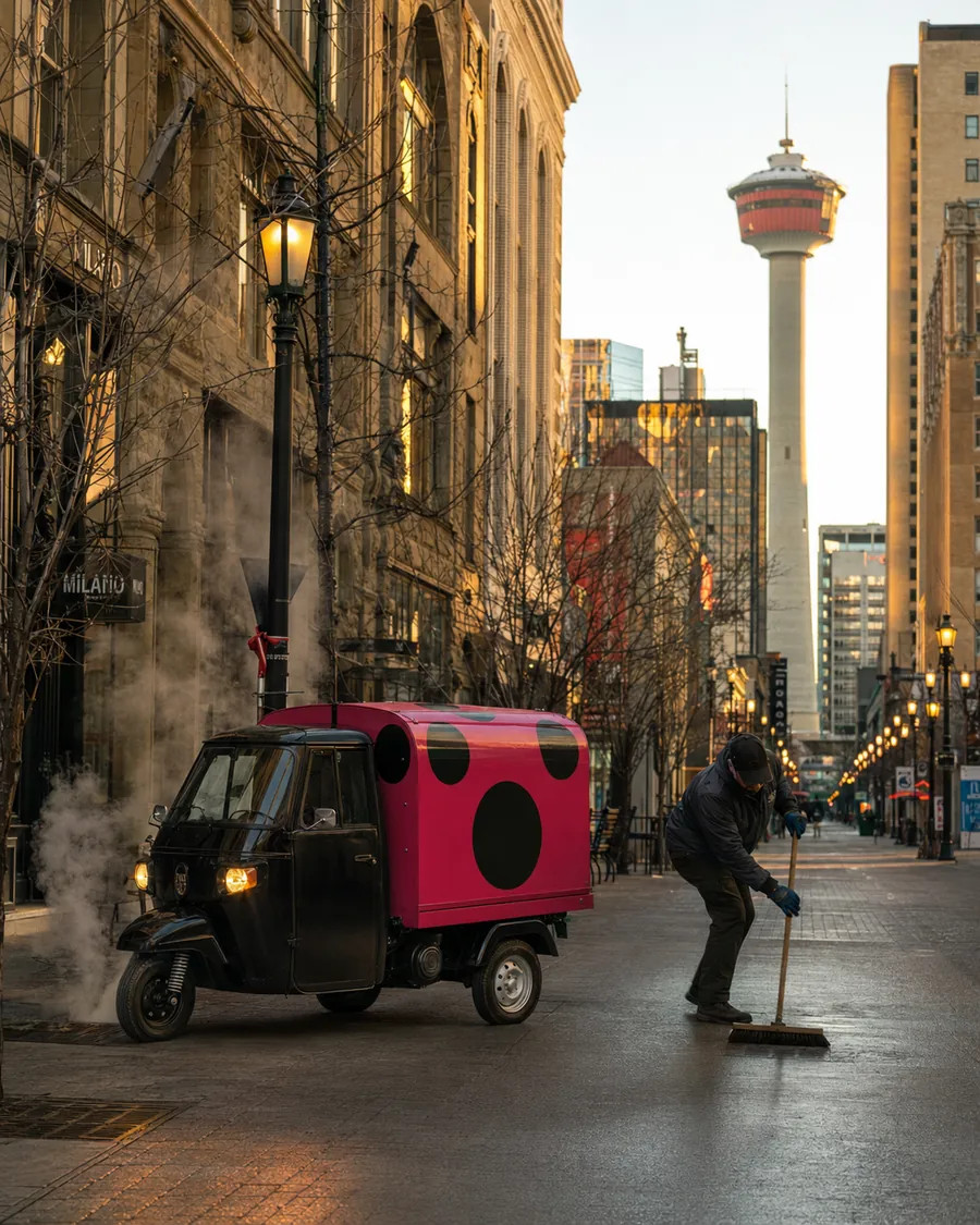 Bright Blocks crew at dawn with a Ladybug Ape mid-block on Stephen Avenue.