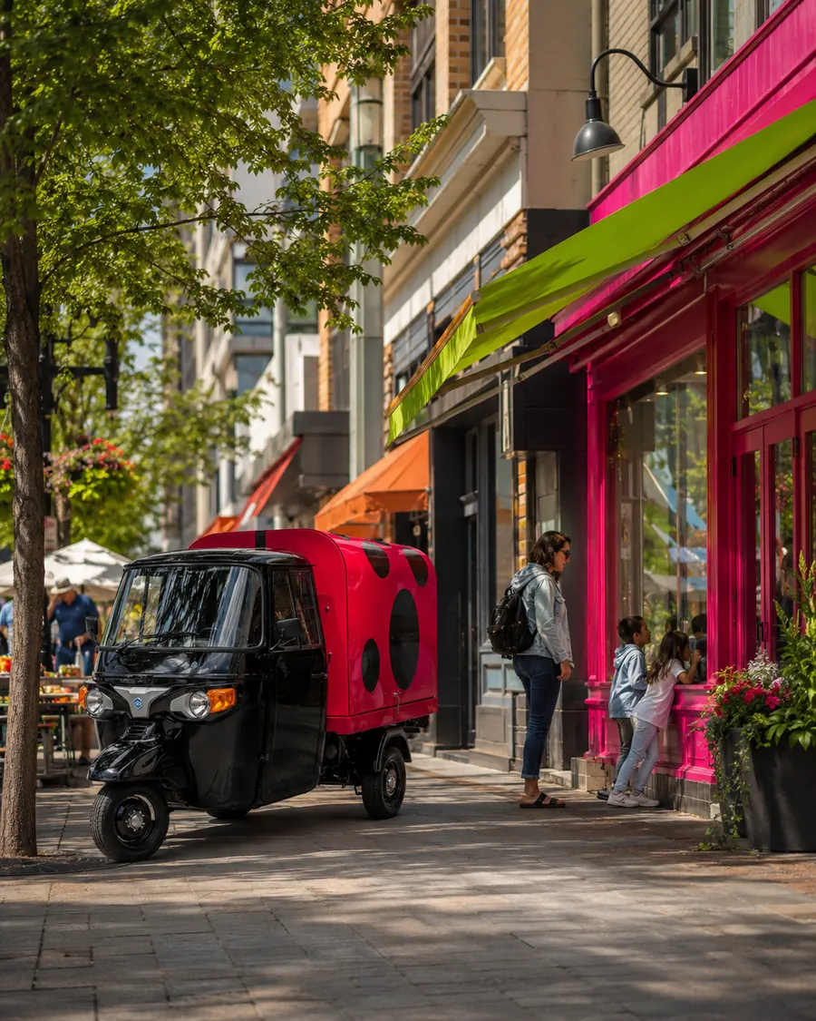 A unified commercial block: three merchants, shared signage, and people moving between storefronts.