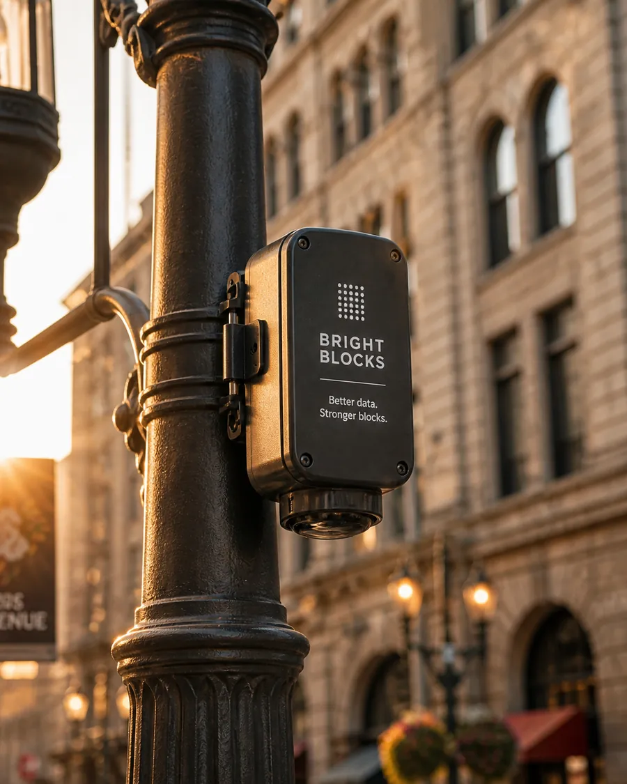 Sensor housing mounted on a heritage lamppost, late golden hour.