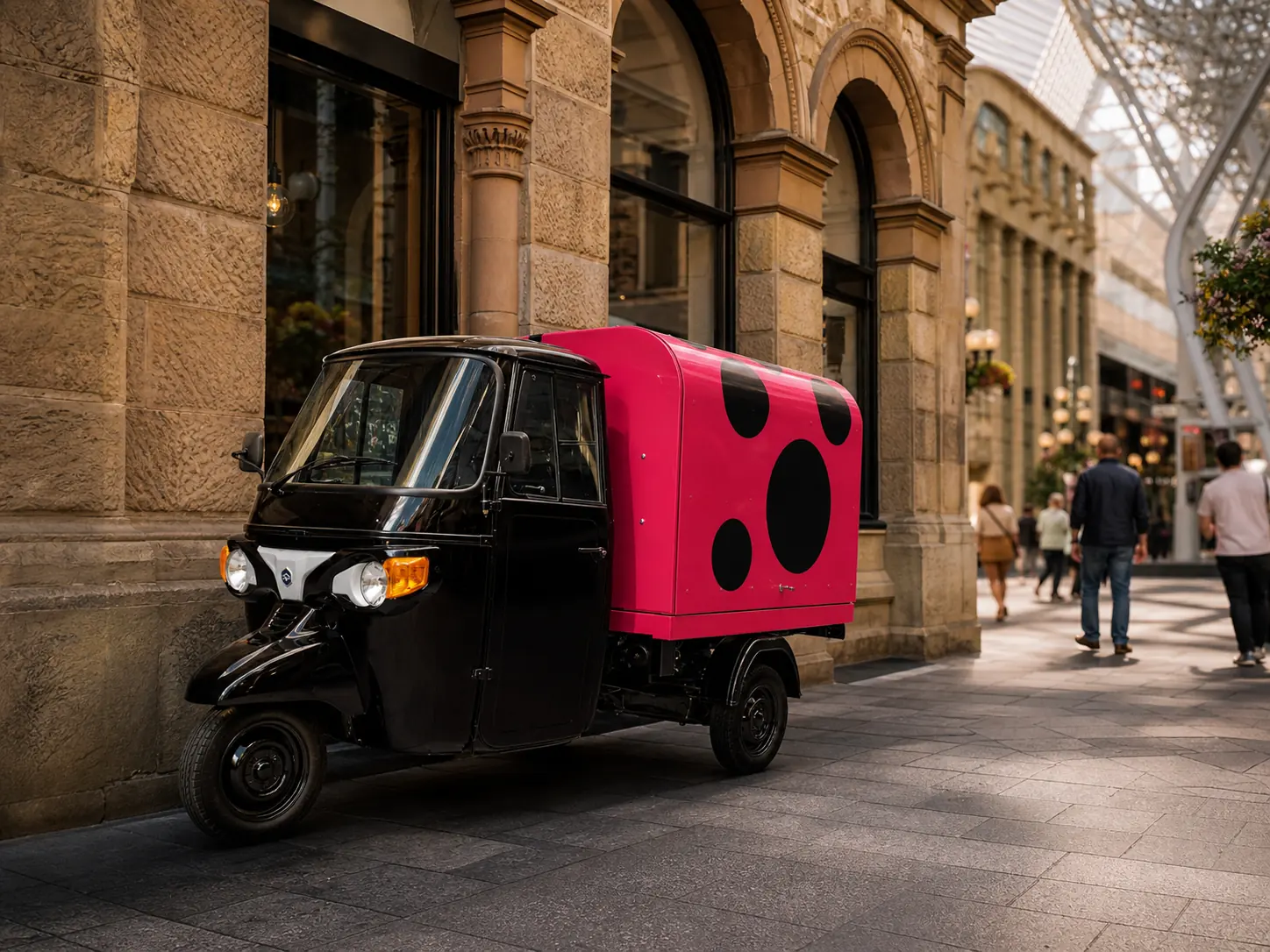 Ladybug Ape parked on Stephen Avenue with sandstone heritage facade behind.